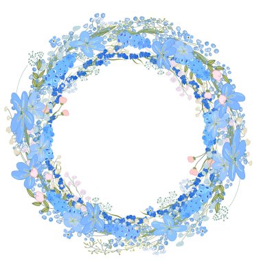 Mavi muscari ve kır çiçekleriyle çiçekli bir çelenk. İllüstrasyon romantik ve Paskalya bahar şablonları için kullanılabilir.