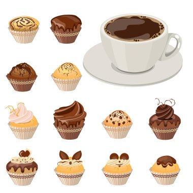 Farklı kekler ve bir fincan sade kahveyle hazırlanmış. Beyaz arka planda izole edilmiş nesneler. Resimler restoranlar ve kafe menüsü için kullanılabilir.