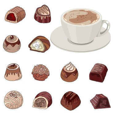 Farklı çikolatalı tatlılar ve bir fincan kahveyle ayarlanmış. Beyaz arka planda izole edilmiş nesneler. Resimler restoranlar, şekerlemeler ve kafe menüsü için kullanılabilir.