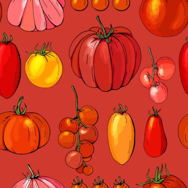 Kırmızı domatesli kusursuz desen. Tasarımınız için sonsuz doku.