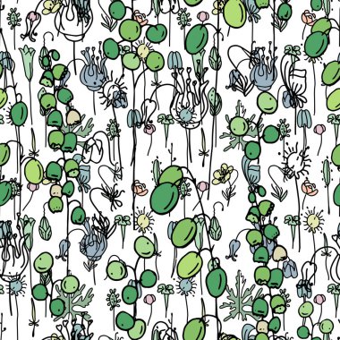 Farklı tatlı çiçekler ve tohumlarla kusursuz bir desen. Romantik tasarım ve dekorasyon için sonsuz doku.