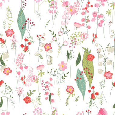 Farklı tatlı çiçekleri olan kusursuz bir desen. Romantik tasarım ve dekorasyon için sonsuz doku.