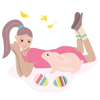 Etrafında tavşan ve yumurtalarla yatıp dinlenen genç bir kız. Paskalya ilkbaharı illüstrasyonu şablon olarak kullanılabilir.