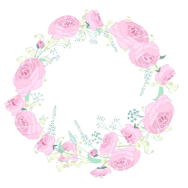 ロマンチックなバラやハーブと花の花輪 ロマンチックでブライダルテンプレートにイラストを使用できます — ストックベクタ