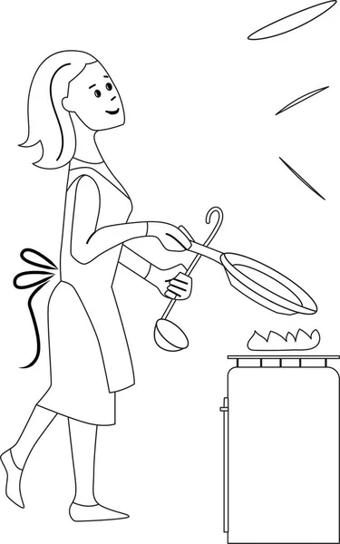 Jeune Femme Cuisinant Des Crêpes Maison Mode Vie Passe Temps — Image vectorielle