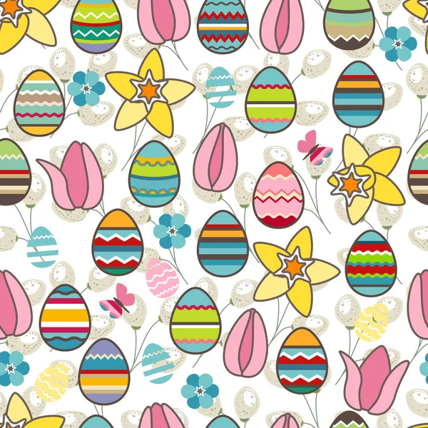 Απρόσκοπτη Μοτίβο Εορταστικά Βαμμένα Αυγά Στυλιζαρισμένα Λουλούδια Και Όμορφες Τουλίπες — Διανυσματικό Αρχείο
