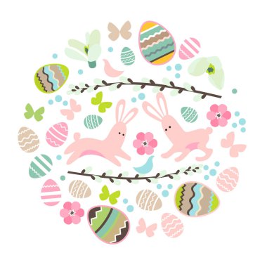 Yuvarlak şablon, neşeli Paskalya elementleri, tavşanlar ve yumurtalar. Çocuksu süslemelerle çember olun. İllüstrasyon ilkbahar tasarım şablonu olarak kullanılabilir.