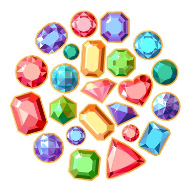 Yuvarlak şablon ve farklı mücevherler. Mücevherler, yakutlar, zümrütler, elmaslar ve dahiler. Biçimlendirilmiş illüstrasyon moda tasarım şablonu olarak kullanılabilir.