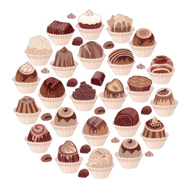 Şekerlemeli yuvarlak şablon. Çikolatalı şekerlemeler, küçük kekler ve kekler. Biçimlendirilmiş illüstrasyon, restoran ve kafe menüsü için tasarım şablonu olarak kullanılabilir.