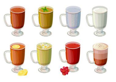 Farklı tişörtler, bardak içinde süt ve su ile ayarlanmış. Beyaz arkaplanda resim.