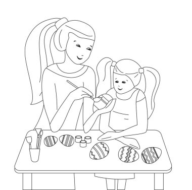 Anne ve kızı birlikte Paskalya yumurtası boyuyor. Siyah-beyaz çizim. Resim, boyama kitapları için kullanılabilir.