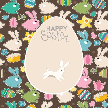 Paskalya tavşanları ve bahar çiçekleriyle dolu kutlama kartı.