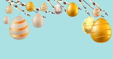 Festive greeting card with golden eggs and pussy willow