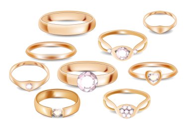 Farklı platin ve altın yüzüklerle beyaz arka planda izole edilmiş elmaslarla donatılmış.