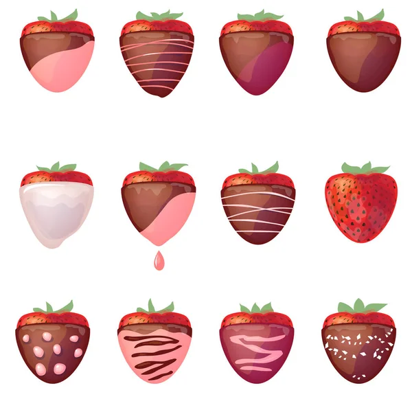Collection Red Strawberries Chocolate Isolated White Background Traditional Sweet Dessert Stock Vector