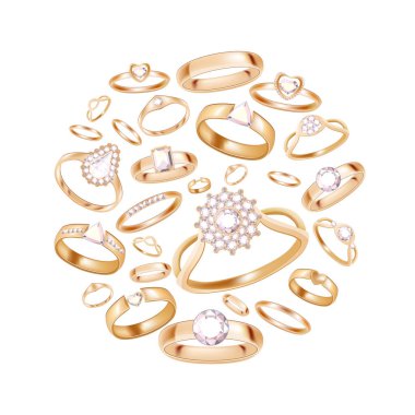 Yuvarlak set, farklı platin ve altın yüzüklerle beyaz arka planda izole edilmiş elmaslar. Moda, düğün ve romantik tasarım için şablon