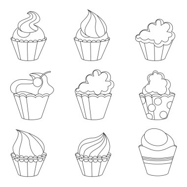 Siyah ve beyaz stilize doğum günü pastaları. Tatlı yemek, doğrusal, çevresel. Resimler boyama kitabı ve çocuklar için resimler için kullanılabilir.