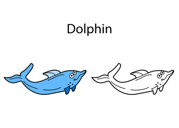 Lustige Niedliche Tier Delphin Isoliert Auf Weißem Hintergrund Lineare Konturierte — Stockvektor