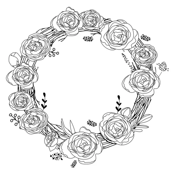 Couronne Roses Herbes Isolées Sur Fond Blanc Version Linéaire Contour — Image vectorielle