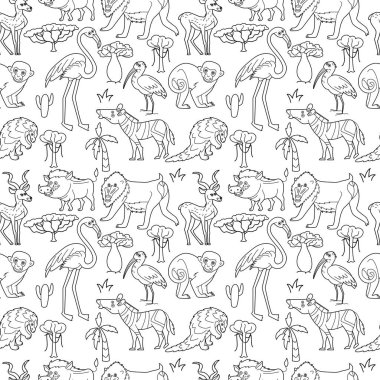 Güney 'de şirin komik hayvanların yaşadığı uçsuz bucaksız doku. Çocuk tasarımı ve boyama kitabı için kusursuz desen.