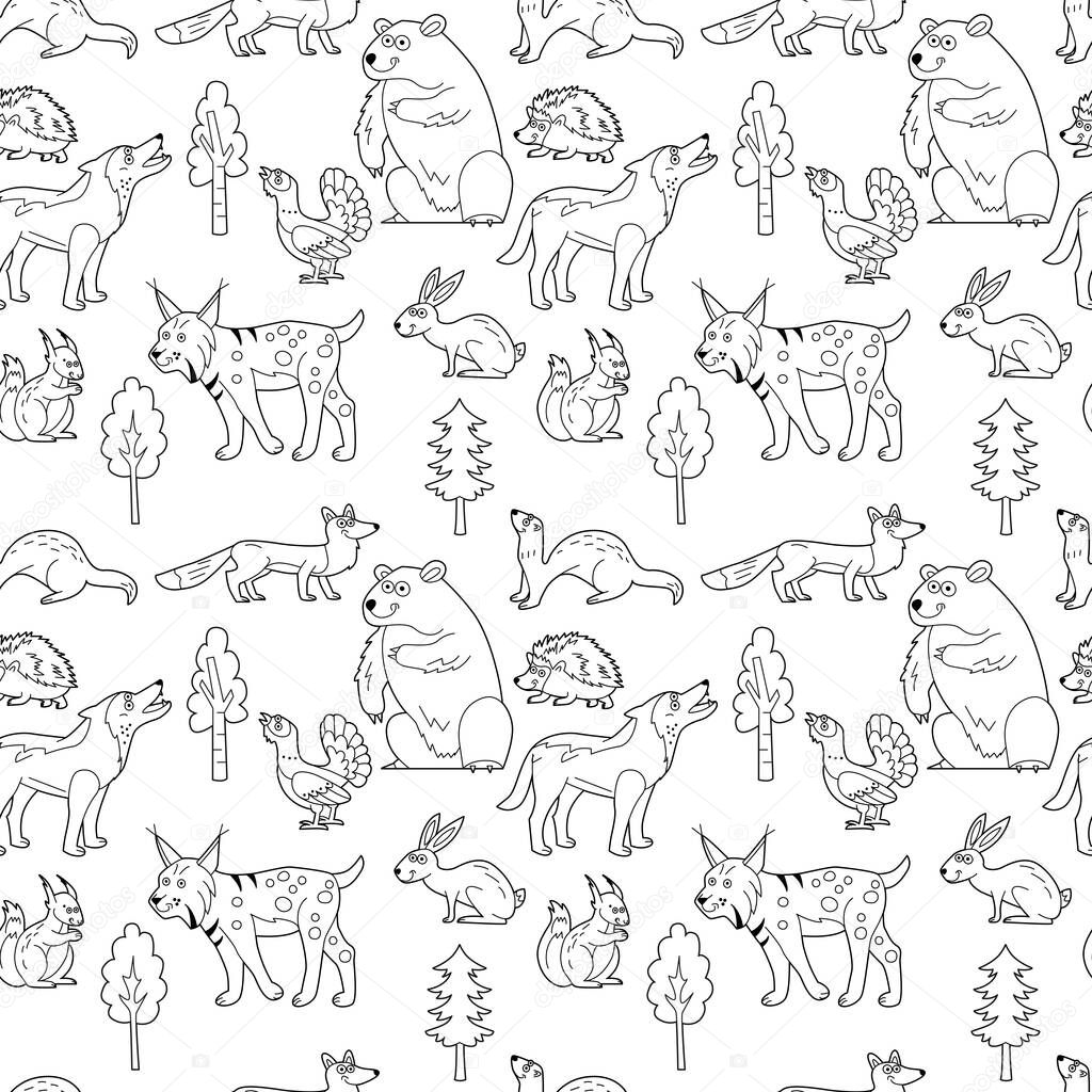 Endless texture with cute funny animals living in forest. Seamless pattern for kid design and coloring book.