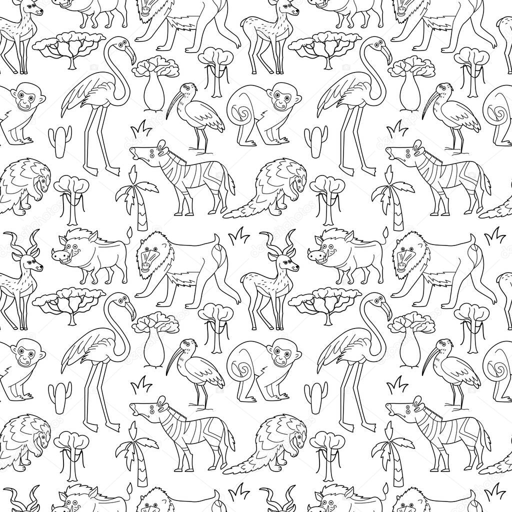 Endless texture with cute funny animals living in South. Seamless pattern for kid design and coloring book.