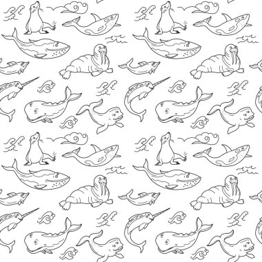 Okyanus ve suda yaşayan sevimli komik hayvanların sonsuz dokusu. Çocuk tasarımı ve boyama kitabı için kusursuz desen.