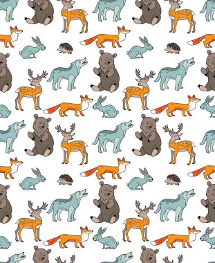 Ormanda yaşayan sevimli, komik hayvanların sonsuz dokusu. Çocuk tasarımı için kurt, tilki ve ayıyla kusursuz desen