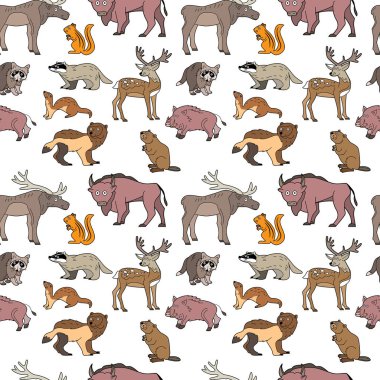 Kuzey ormanında yaşayan sevimli, komik hayvanların sonsuz dokusu. Çocuk tasarımı için geyik, sincap ve su samuru desenleri kusursuz.