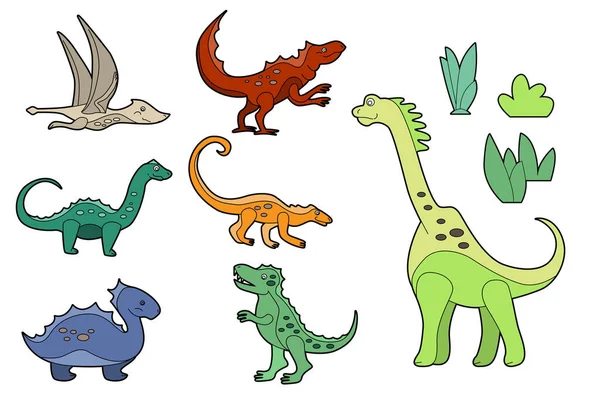 Set Con Divertidos Dinos Lindos Aislados Sobre Fondo Blanco Versión — Vector de stock