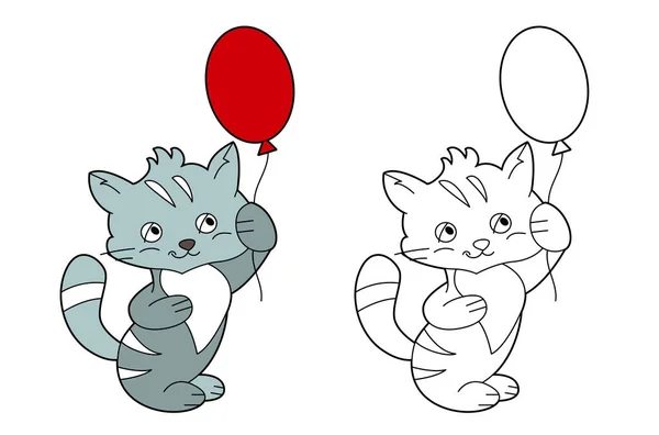 Μικρή Χαριτωμένο Γάτα Κρατώντας Μπαλόνι Και Περιμένει Για Πάρτι Γενεθλίων — Διανυσματικό Αρχείο
