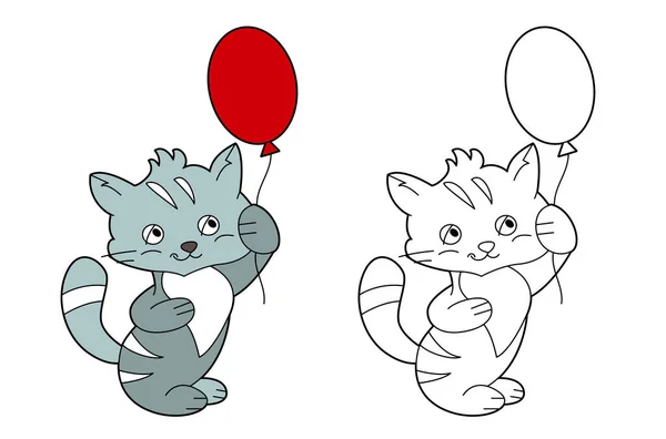 Pequeño Gato Lindo Sosteniendo Globo Esperando Fiesta Cumpleaños Ilustración Con — Archivo Imágenes Vectoriales