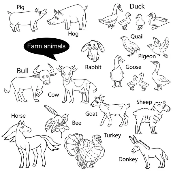 Set Legrační Roztomilá Zvířata Žijící Farmě Izolované Objekty Bílém Pozadí — Stockový vektor