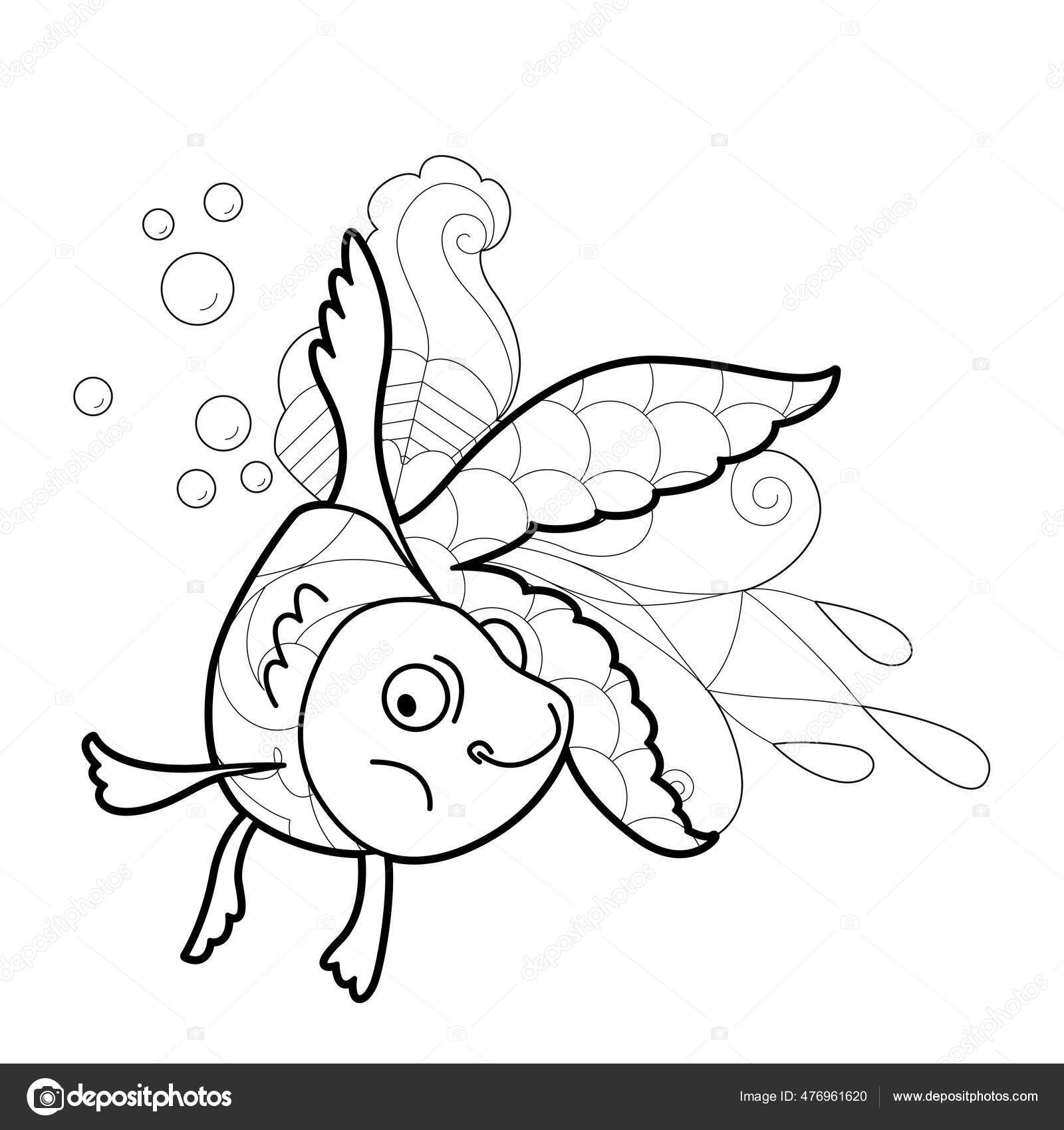 Контурная Линейная Иллюстрация Рыбой Раскраски Книги Милая Золотая.