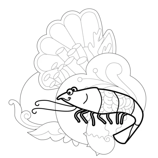 Obrys Lineární Ilustrace Mořským Živočichem Pro Omalovánky Roztomilé Krevety Antistresový — Stockový vektor