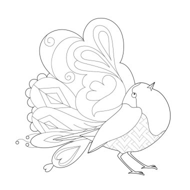 Boyama kitabı için kuşla doğrusal çizim yap. Şirin cennet kuşu, stres karşıtı bir resim. Zentangle tarzı ve boyama sayfasında yetişkin ya da çocuklar için çizgi tasarımı.