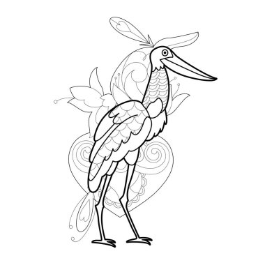 Boyama kitabı için kuşla doğrusal çizim yap. Tatlı Jabiru, stres karşıtı bir resim. Zentangle tarzı ve boyama sayfasında yetişkin ya da çocuklar için çizgi tasarımı.