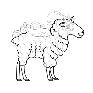 Contour linear illustration with animal for coloring book. Cute sheep, anti stress picture. Line art design for adult or kids  in zentangle style and coloring page.