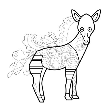 Boyama kitabı için hayvanlarla doğrusal illüstrasyon yap. Şirin bir okapi, stres karşıtı bir resim. Zentangle tarzı ve boyama sayfasında yetişkin ya da çocuklar için çizgi tasarımı.