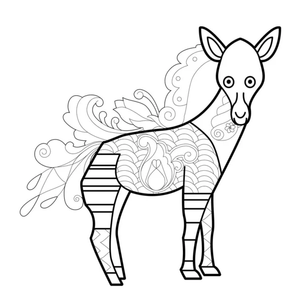 Boyama kitabı için hayvanlarla doğrusal illüstrasyon yap. Şirin bir okapi, stres karşıtı bir resim. Zentangle tarzı ve boyama sayfasında yetişkin ya da çocuklar için çizgi tasarımı.