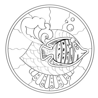 Boyama kitabı için doğrusal çizimleri birleştir. Çemberdeki güzel balıklar, stres karşıtı resimler. Zentangle tarzı ve boyama sayfasında yetişkin ya da çocuklar için çizgi tasarımı.