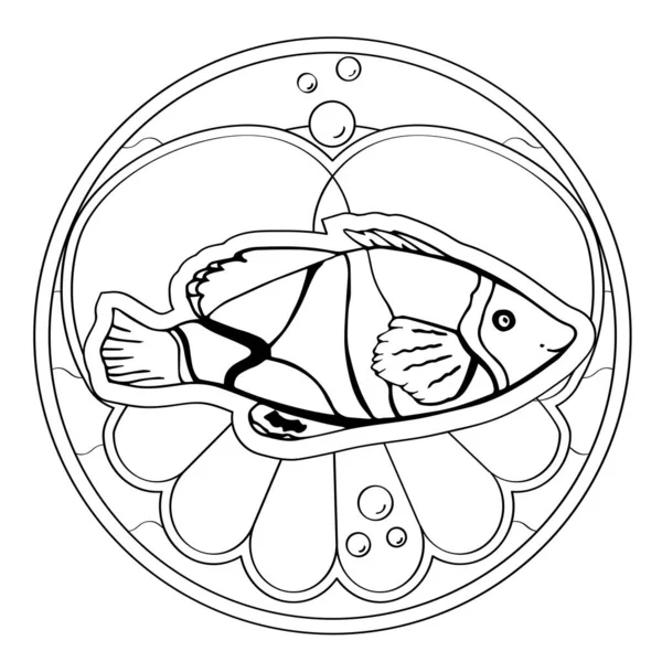 Kontur Lineare Illustration Für Malbuch Schöne Fische Kreis Stress Bild — Stockvektor