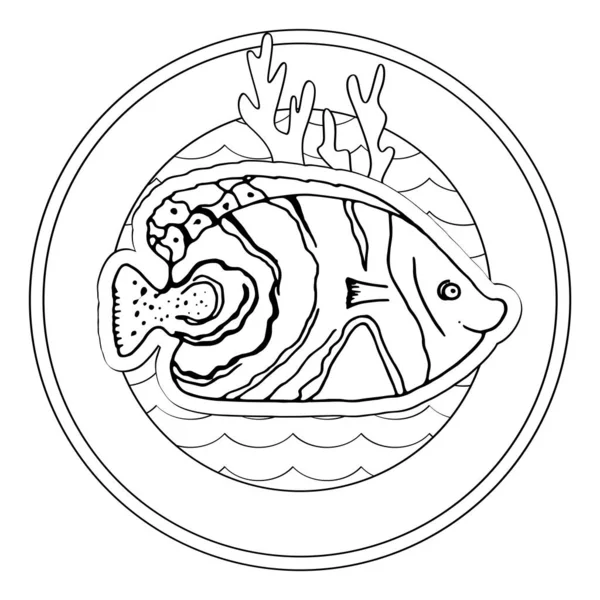 Contour Linear Illustration Coloring Book Beautiful Fish Circle Stress Picture — Stock Vector