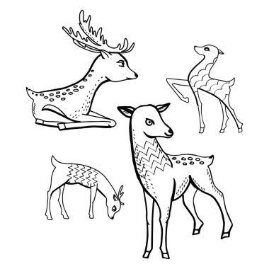 Boyama kitabı için hayvanlarla doğrusal illüstrasyon yap. Sevimli geyik, stres karşıtı resim. Zentangle tarzı ve boyama sayfasında yetişkin ya da çocuklar için çizgi tasarımı.