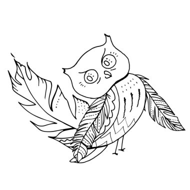 Boyama kitabı için kuşla doğrusal çizim yap. Sevimli baykuş, stres karşıtı resim. Zentangle tarzı ve boyama sayfasında yetişkin ya da çocuklar için çizgi tasarımı.