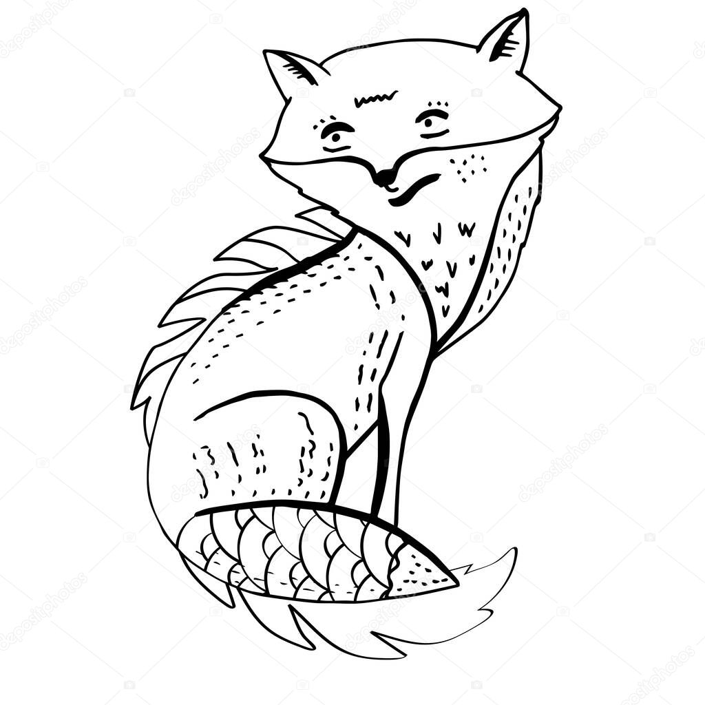 Contour linear illustration with animal for coloring book. Cute fox, anti stress picture. Line art design for adult or kids  in zentangle style and coloring page.