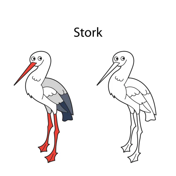 Divertente Simpatica Cicogna Uccello Isolato Sfondo Bianco Versione Lineare Sagomata — Vettoriale Stock