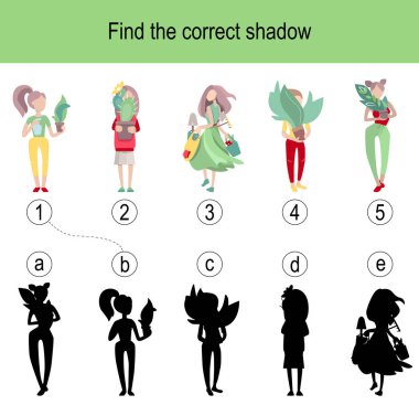 Bahçıvanlarla ilgili doğru gölge bulmacasını bul. Resimler çocuklar için mantık oyunu olarak kullanılabilir.