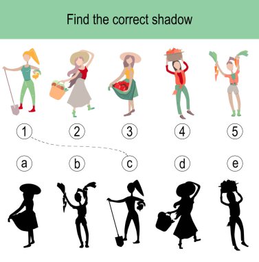 Bahçıvanlarla ilgili doğru gölge bulmacasını bul. Resimler çocuklar için mantık oyunu olarak kullanılabilir.