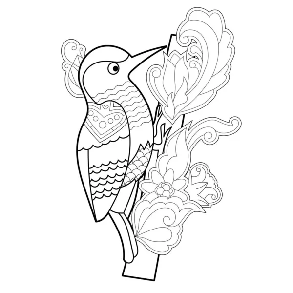 Illustrazione Lineare Contorno Con Uccello Libro Colorare Picchio Carino Foto — Vettoriale Stock